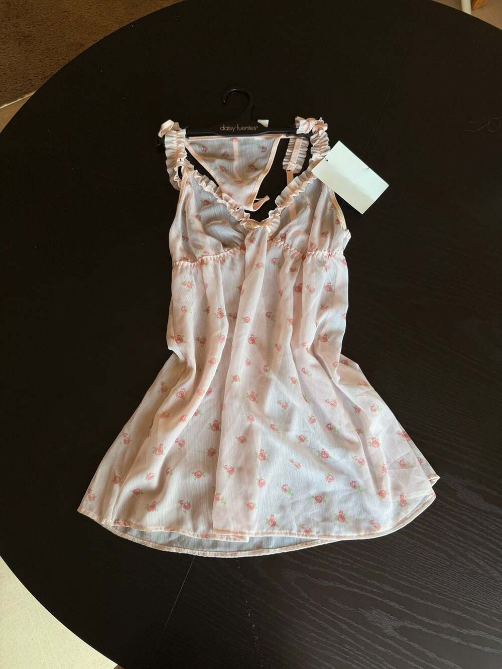 Daisy Fuentes Pink Rose Print Ruffled Mesh Babydoll Lingerie Set